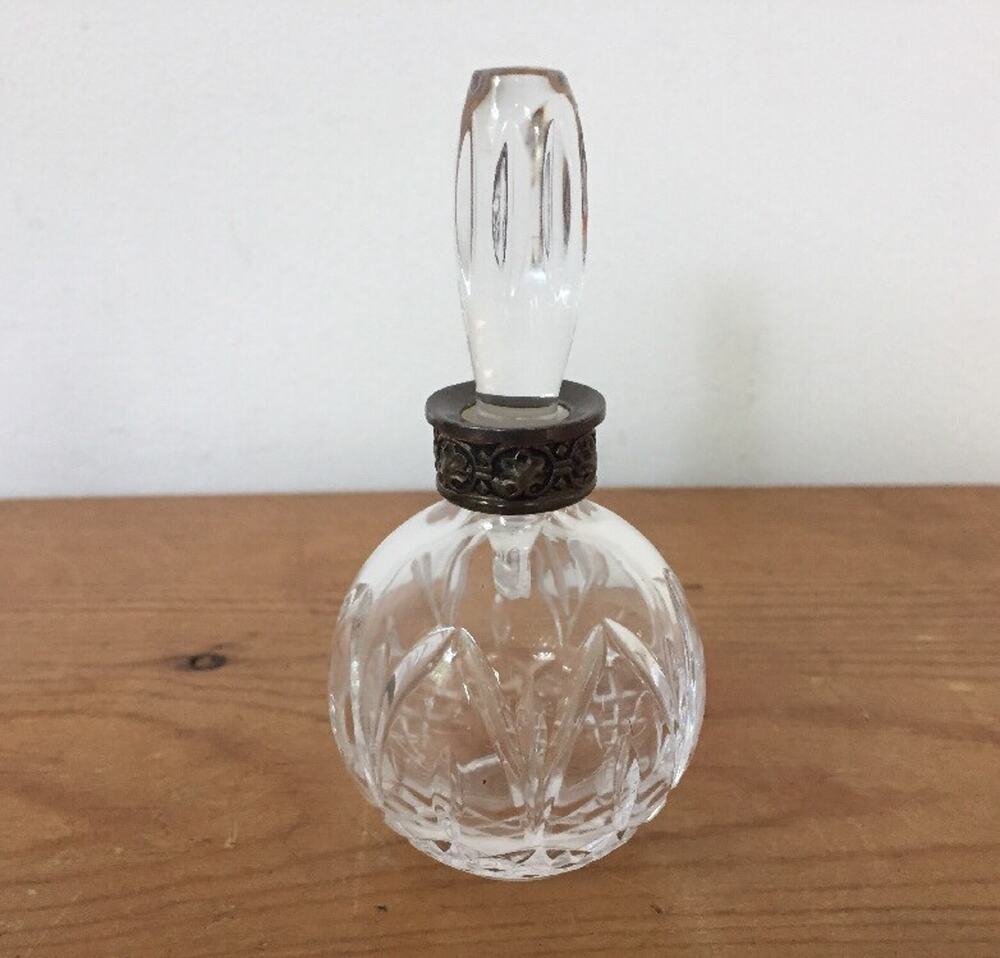 Vintage Art Deco Atlantis Cut Crystal Perfume Bottle Silverplate Floral w Dauber